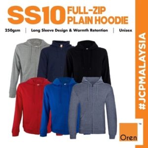 oren sport ss10 full zip hoodie unisex adult 250gsm cotton polyester sweatshirt long sleeve jacket hoodie