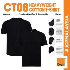 ct08 oren sport premium heavyweight 270gsm cotton t shirt unisex thick durable smart wear tshirt baju hitam tebal